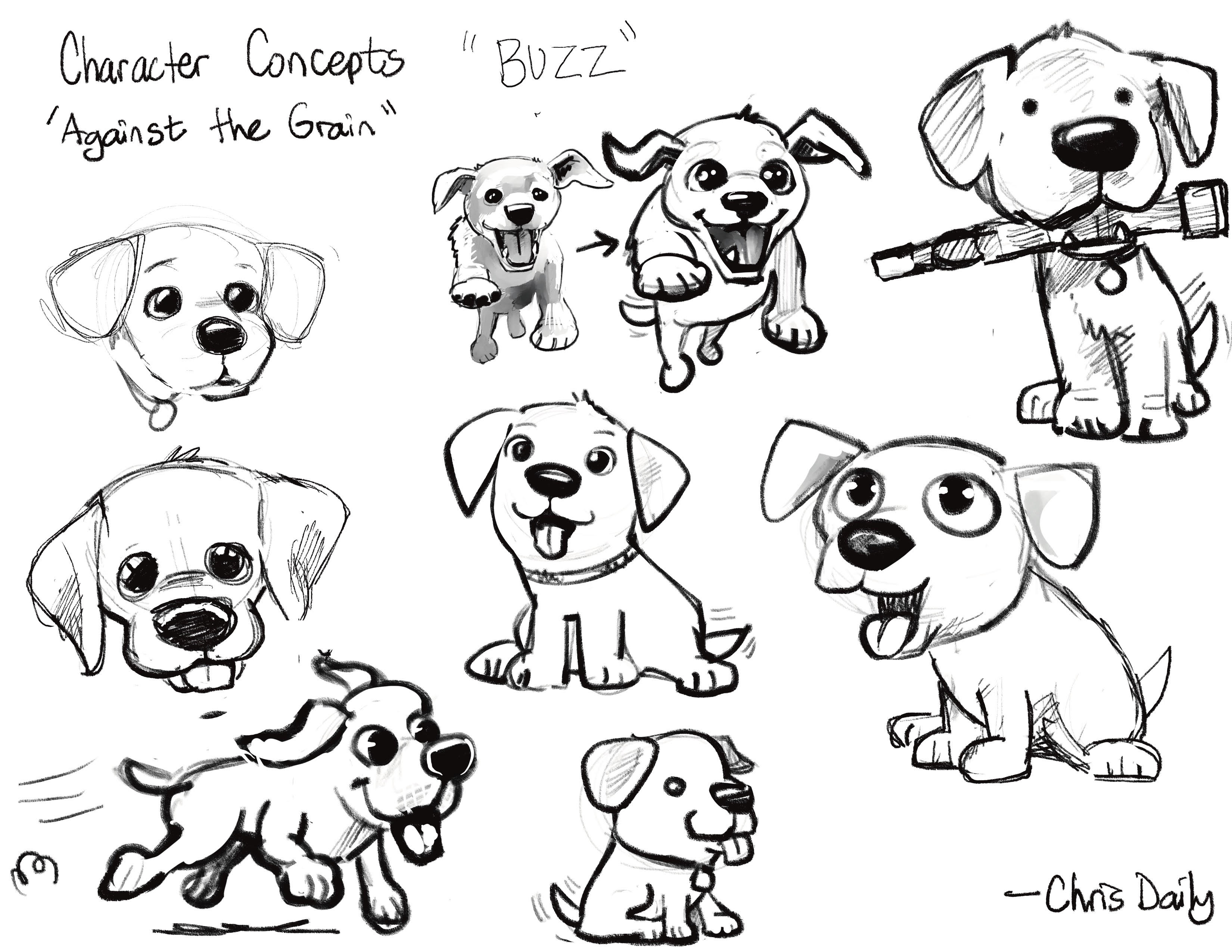 Character sketches of Buzz, the Labrador puppy from A Chew Story, drawn by Chris Daily