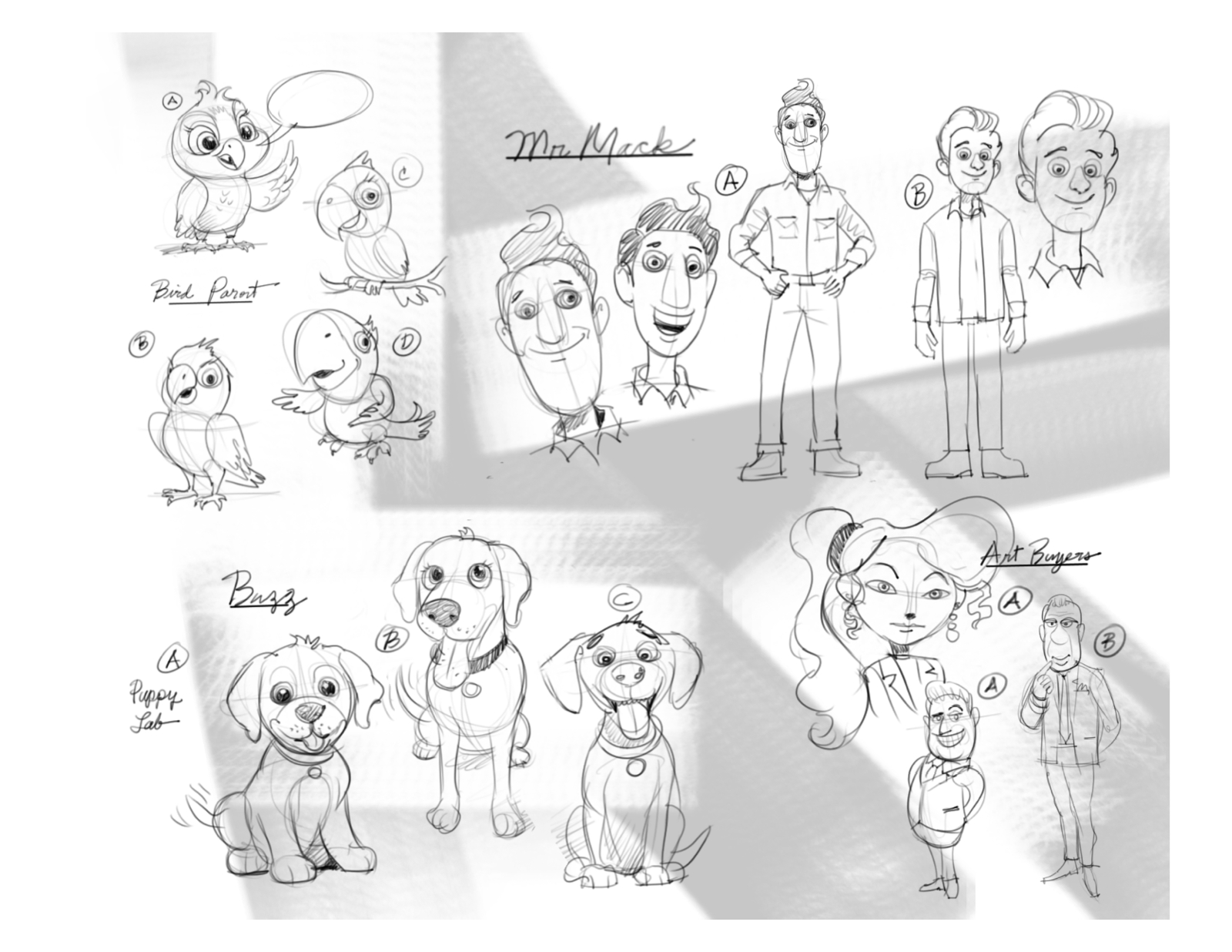 Character sheet with Buzz, Mr. Mack, bird, and art buyers