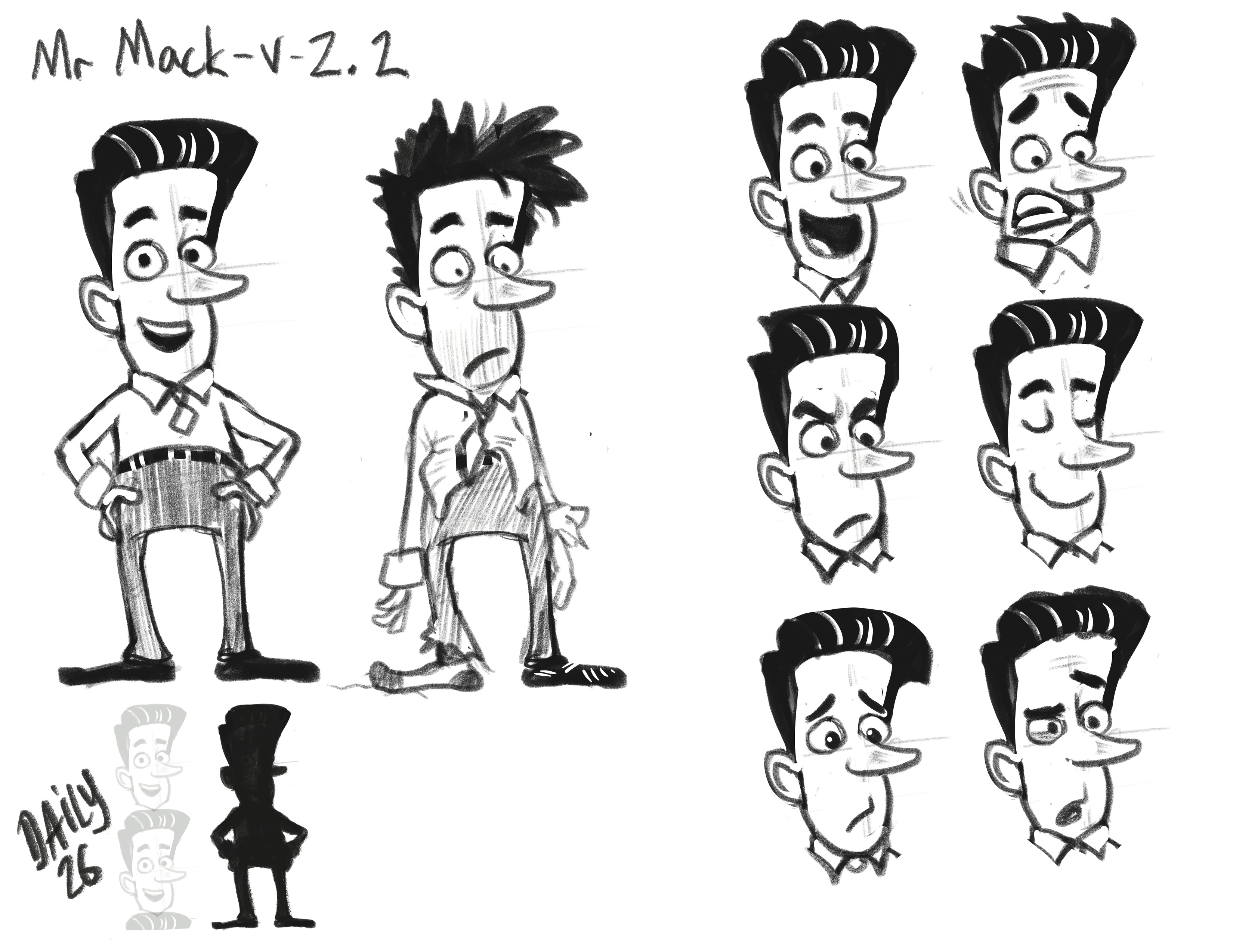 Mr. Mack character turnaround, confident and frazzled