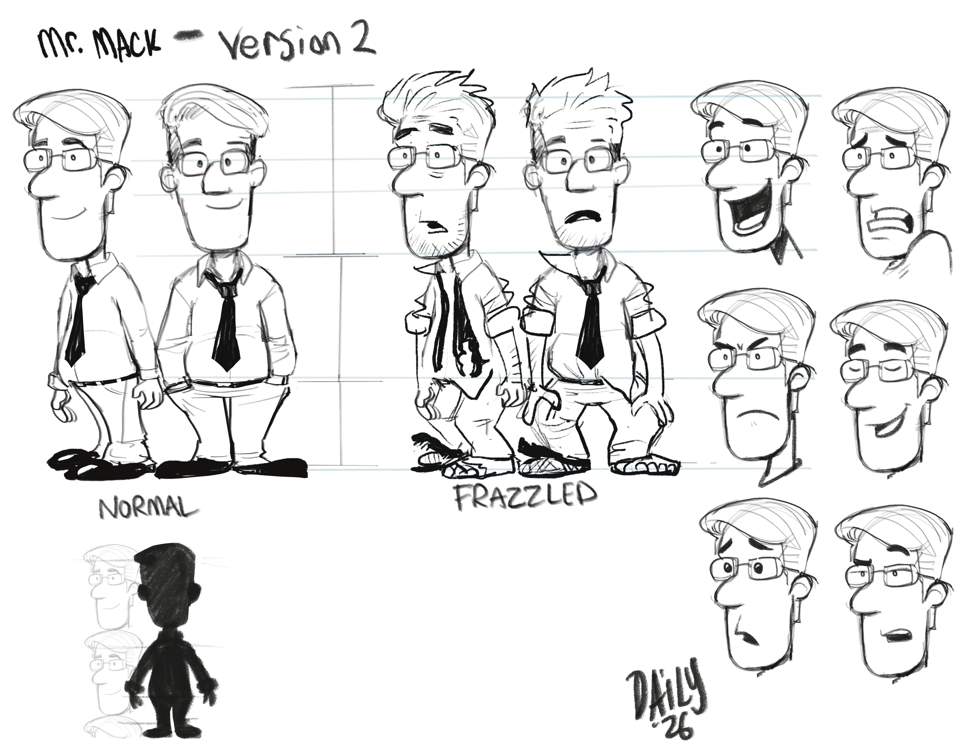 Alternate Mr. Mack design with glasses and bow tie, normal and frazzled